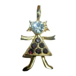 Vintage USA K.I.S. Gold Tone Girl Charm Pendant Red Clear Rhinestone Figure